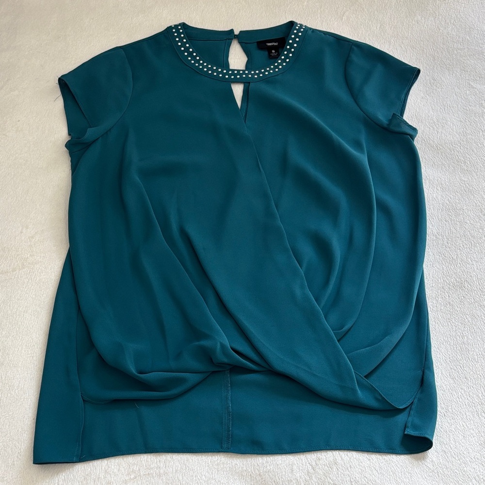 Massimo Teal Blouse with Embellished Neckline